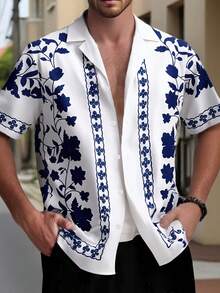 男士中国瓷器印花衬衫（带领和纽扣开合），夏季 - 藍白色 - 查看 3