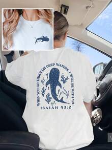 Women Oversized Whale, Beach, Shark, Jesus, Coconut Girl Graphic & Letter Print Round Neck Short Sleeve T-Shirt, Fashionable & Versatile, Suitable For Spring/Summer