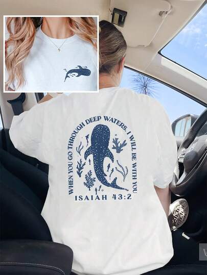 Women Oversized Whale, Beach, Shark, Jesus, Coconut Girl Graphic & Letter Print Round Neck Short Sleeve T-Shirt, Fashionable & Versatile, Suitable For Spring/Summer