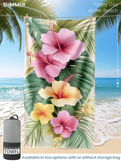 1条印花沙滩巾，花卉图案泳衣巾，浴巾，时尚沙滩巾，超强吸水浴巾，适用于浴室、游泳、健身、瑜伽，柔软舒适的超细纤维毛巾，轻便易携，防风防晒，防沙，适合夏季旅行、度假、浴室装饰，可选带或不带收纳袋，推荐常规尺寸和大号尺寸（小号毛巾尺寸为35*75厘米，建议150厘米及以上）。