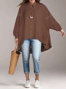 Camisa de manga larga para mujer, casual de otoño e invierno, blanca, con mangas tipo murciélago y cierre delantero con botones