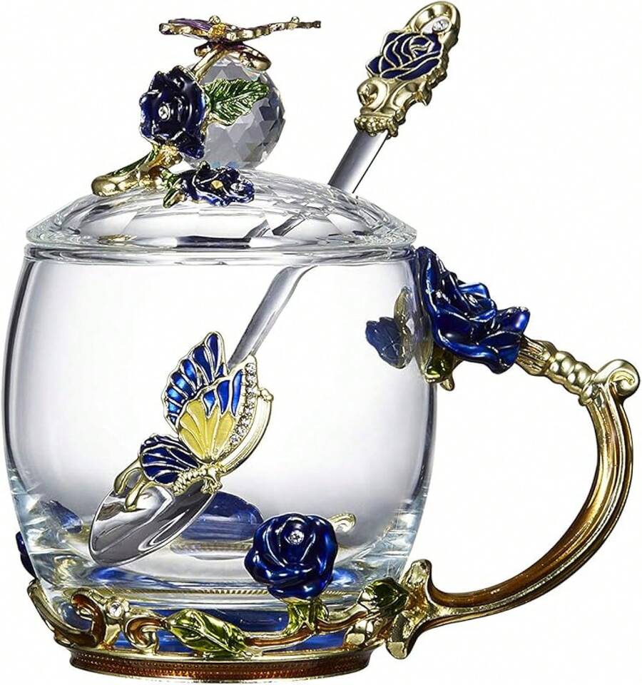 Flower Teacup Transparent Glass Teacup, (With Spoon Lid), Fancy Tea Cups, Flower Tea Cup,Tea Cup Gift, Gifts For Women,Mother's Day Present,Gift Box. (Rose Blue High Cup) - 玫瑰藍短杯 - 查看 1
