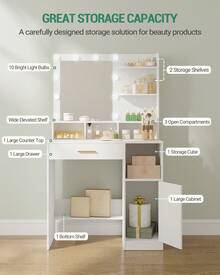 Hzuaneri Dressing Table With Mirror And 10 LED Lights, Makeup Vanity With 3 Shelves & 4 Open Compartments, Large Drawer & Cabinet, Adjustable Lighting Brightness - White - View 3
