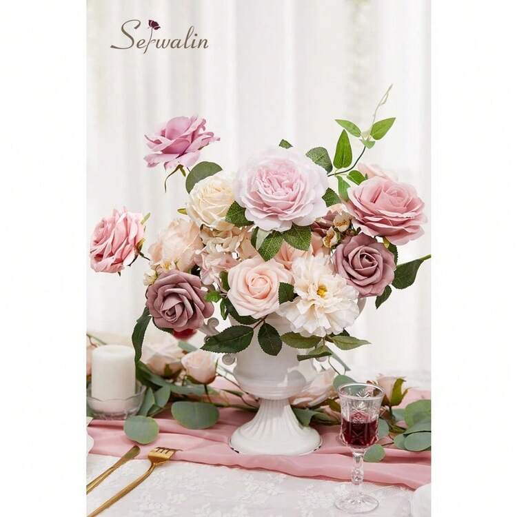 Artificial Pink Flowers, Silk Dusty Pink Fake Flowers For DIY Wedding Bridal Bouquet, Wedding Cake Flowers For Table Centerpieces Birthday Party Baby Shower Home Decoration - Athens Blush Pink - 查看 2