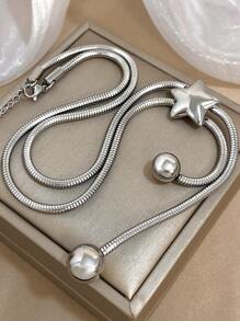 1 Pieza Collar largo de acero inoxidable con decoración de estrella dorada para mujer, collar de cadena para uso diario y fiestas, regalo de joyería