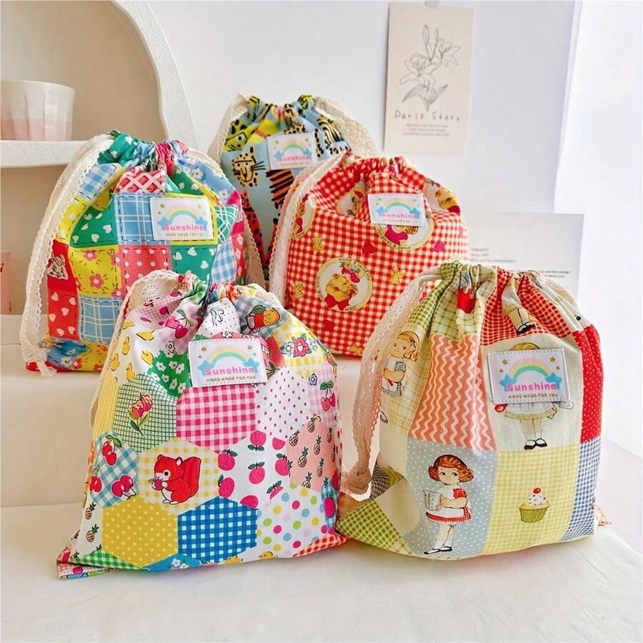 Multi-Color Fabric Drawstring Storage Bags | Breathable & Lightweight | Cartoon Print With Rainbow Label | Versatile Organizer For Home, Travel & Gifts | Ideal For Clothes, Diapers, Jewelry, Cosmetics | Durable & Portable, Clothes Organizer Storage ﻿