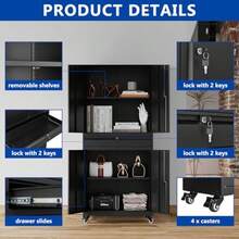 Metal Storage Cabinet With Wheels Metal Garage Cabinet With Adjustable Shelves Tool Storage Cabinet With 1drawer Steel Locker Cabinet With Lock For Home Garage Black73 4 Casters - Black-73"4Casters - View 5