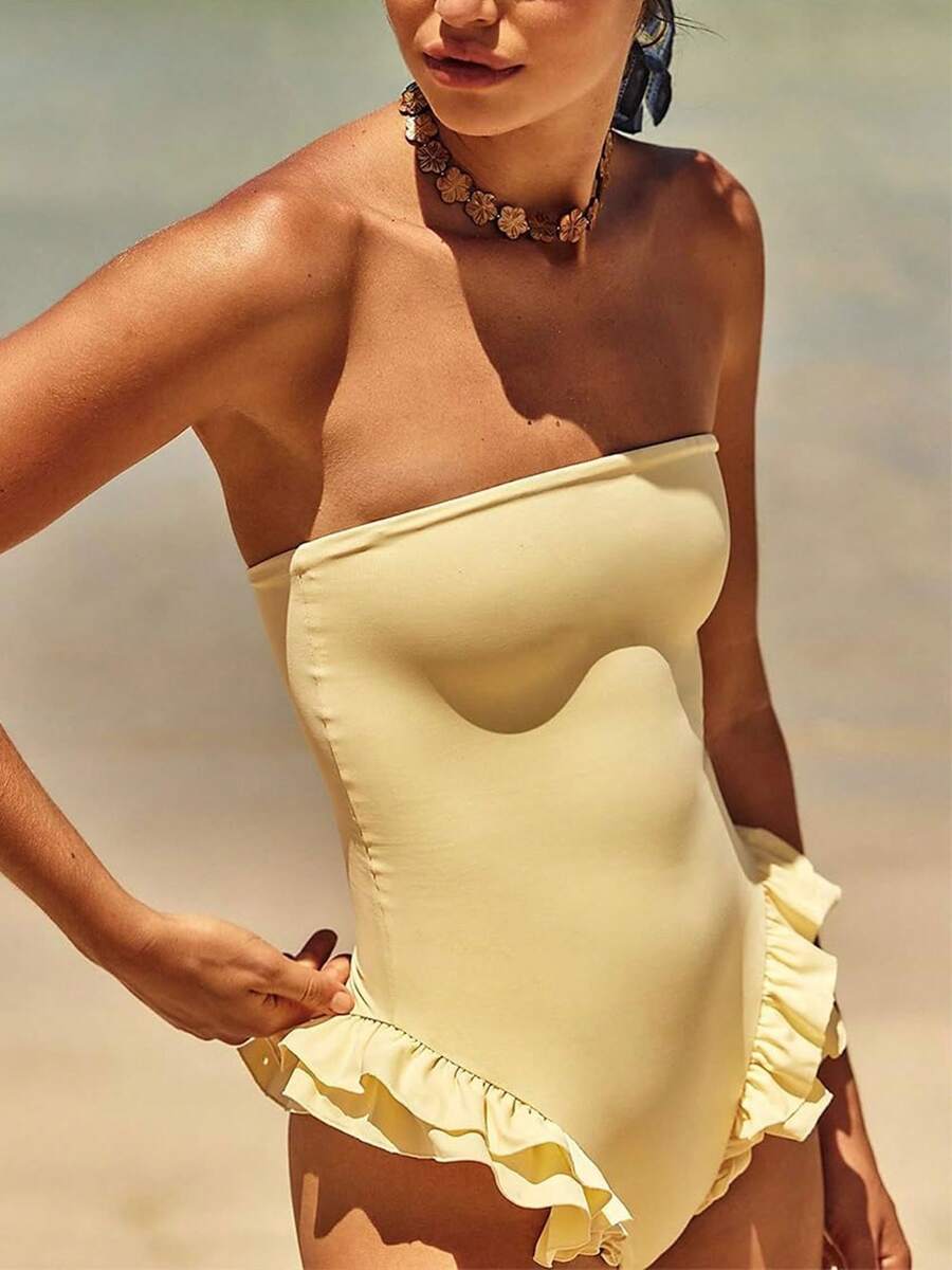 One Piece Womens Swimsuits Y2k Ruffle Bathing Suit Spaghetti Strap Square Neck Tummy Control Slimming Swimwear - Yellow - View 1