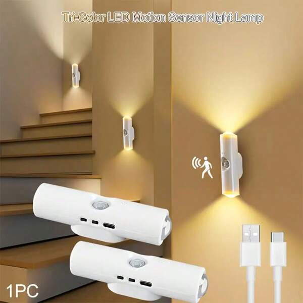 1 pièce Veilleuse LED à détecteur de mouvement, lumière murale rechargeable USB, luminosité réglable, 3 options de couleur, convient pour les escaliers, les couloirs et les chambres, éclairage ambiant sans fil magnétique pour la décoration de la maison (400mAh)