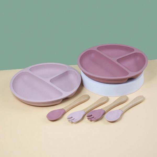3Pcs/Set Baby Feeding Set, Toddler Silicone Divided Plate, Suction Bowl And Spoon Fork, Baby Mealtime Training Utensils