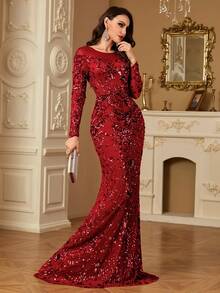 hezixi 弹力亮片连衣裙，舒适贴合各种身材，独特的透视圆领长袖修身鱼尾裙摆设计，女士正式舞会礼服/晚礼服，适合婚礼、春季派对等场合。 - 紅色 - 查看 2