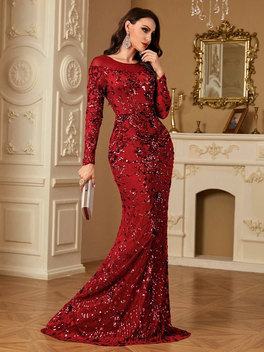 hezixi 弹力亮片连衣裙，舒适贴合各种身材，独特的透视圆领长袖修身鱼尾裙摆设计，女士正式舞会礼服/晚礼服，适合婚礼、春季派对等场合。