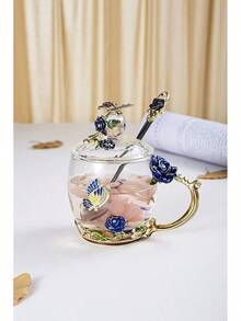 Flower Teacup Transparent Glass Teacup, (With Spoon   Lid), Fancy Tea Cups, Flower Tea Cup,Tea Cup Gift, Gifts For Women,Mother's Day Present,Gift Box. (Rose Blue High Cup) - 玫瑰藍短杯 - 查看 4