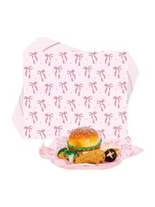 50/100pcs Pink Bowknot Food Wrapping Paper, Grease-Proof Baking Paper For Burgers, Sandwiches, Fried Foods, French Fries And Snack Trays, Suitable For Cooked Foods, Oily Foods, Classic Bread, Weddings, Parties, Holidays And Outdoor Picnics (Butterfly Print Placement May Vary Per Batch)