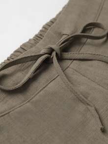 Lanwont Women's Linen Trousers Summer Casual High Waist Drawstring White Beach Pants - Tan - Xem 3