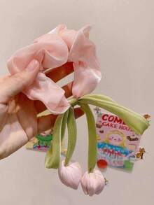 1个时尚优雅仿珍珠花朵发圈，弹力发绳，女士马尾辫发圈，发饰，发绳发圈，头饰橡皮筋 - 粉紅鬱金香 - 查看 2