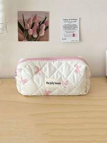 1 件/套 可爱粉色蝴蝶结图案化妆包 少女旅行化妆包 绗缝设计 儿童洗漱包 拉链柔软面料化妆包套装 大容量化妆包 带手柄 时尚手拿包 迷你八角包 文具收纳包 适用于家庭、宿舍和旅行 化妆刷包 可爱的旅行配件 化妆工具容器 女孩配饰包 大学度假巡航 暑假必备品