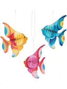 3 件套海洋派对装饰套装，彩虹蜂巢鱼挂饰，室内外多彩海洋风格装饰，生日派对道具，毕业典礼热带鱼派对装饰用品 - 海底/美人鱼/卢奥/夏威夷/生日餐桌中心装饰 - 混合彩色纸质材料 - 彩色 - 查看 6