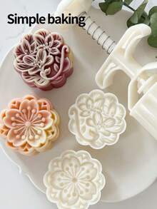 4件套3D立体花纹糕点模具，生日礼物烘焙套装，便当用品，手工DIY饼干模具，蛋糕，饼干，印章饼干切割模具，节日派对月饼，豆沙饼厨房工具，返校午餐盒用品，饼干切割器。月饼模具套装，饼干造型器。饼干印章 - 米色 - 查看 6