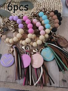 6-Piece Set Of Western Style Leopard Print Wooden Beads, Solid Color Silicone Bead Beads, Korean Velvet Tassel, Colorful Heart Wood Chips, Charm Wrist Keychains, Bag Pendants, Accessories, Keys, Car Keys, Anti Lost Women's Bracelets, Give As Birthday Gifts To Friends, Relatives, And Friends - Nhiều màu - Xem 8