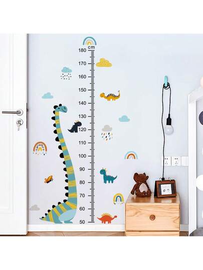 Dinosaur Growth Chart Wall Decal - Kids Room Height Measurement Stickers With Cartoon Long Neck Dinosaur Design, Removable Nursery Wall Art