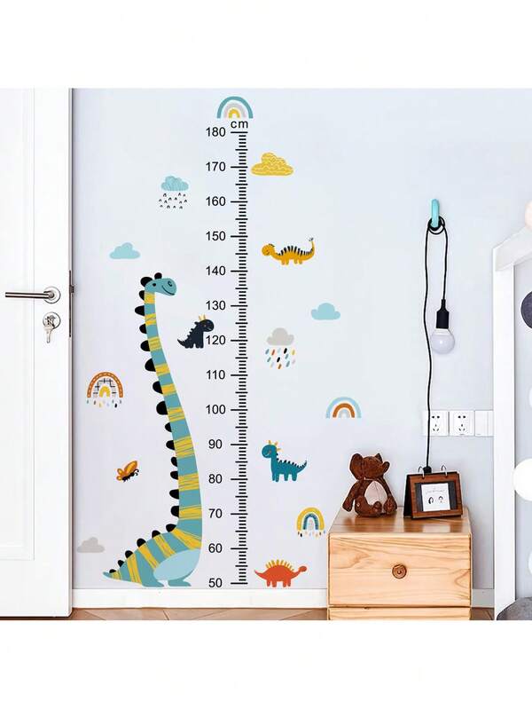 Dinosaur Growth Chart Wall Decal - Kids Room Height Measurement Stickers With Cartoon Long Neck Dinosaur Design, Removable Nursery Wall Art