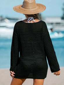 Copri-costume intero da donna con maniche lunghe e scollo rotondo, lavorato a maglia con dettagli traforati, adatto per primavera ed estate, taglie over