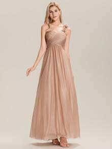 EVERPRETTY 花朵露肩带伴娘礼服，露背设计，优雅礼服，婚礼宾客礼服 - 玫瑰金 - 查看 1