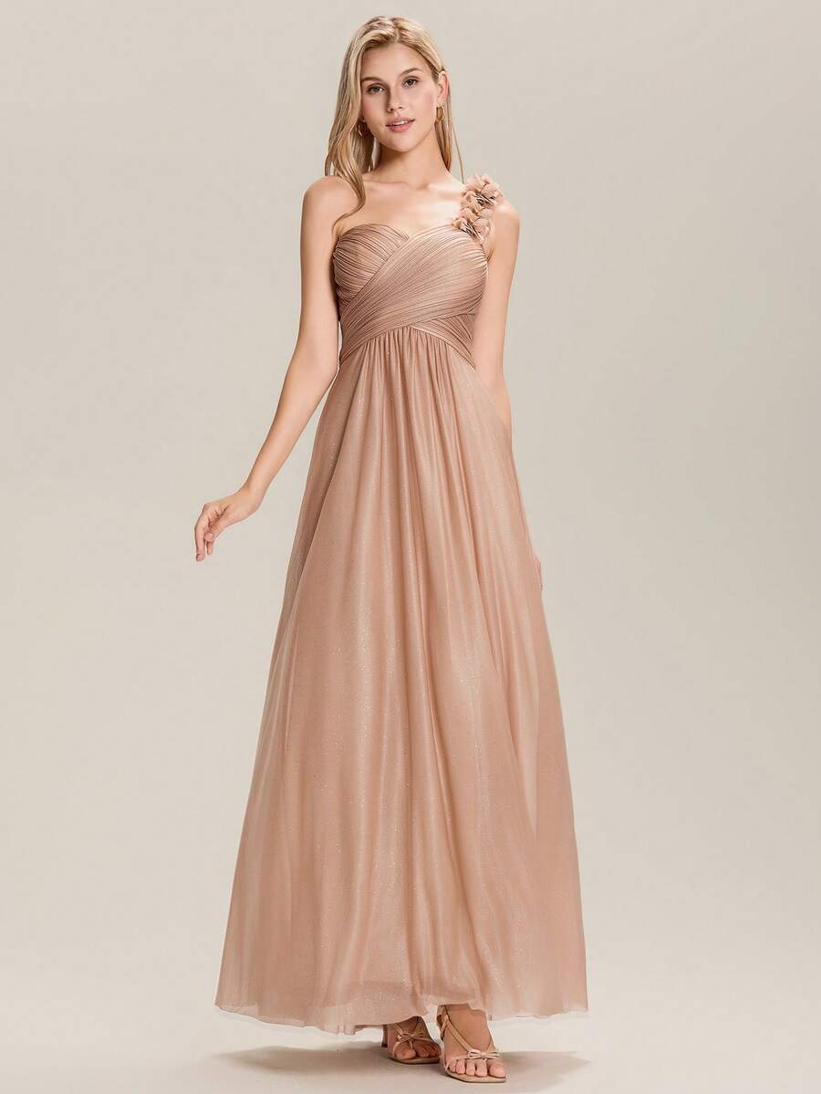 EVERPRETTY 花朵露肩带伴娘礼服，露背设计，优雅礼服，婚礼宾客礼服 - 玫瑰金 - 查看 1