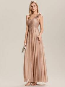 EVERPRETTY 花朵露肩带伴娘礼服，露背设计，优雅礼服，婚礼宾客礼服 - 玫瑰金 - 查看 4