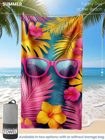 1条印花沙滩巾，时尚眼镜图案泳巾，柔软吸水超细纤维材质，适用于浴室、游泳、健身、瑜伽等场合，轻便易携，防风防晒，是夏季旅行度假的理想之选，可选带或不带收纳袋，推荐常规尺寸和大号尺寸（小号毛巾尺寸为35*75厘米，建议150厘米及以上）。