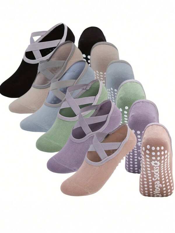 5 Pairs Women Silicone Anti-Slip Yoga Socks With Cross Straps, Non-Slip Pilates Grip Socks For Ballet, Pilates, Dance Studios, Indoor Pilates Floor Workout