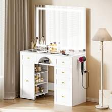 Transparent Glass Tabletop Vanity Desk, White Dressing Table With Large Mirror And Mobile Storage Trolley, Jewellery Storage, 5 Drawers, Makeup Desk For Bedroom - White - View 2