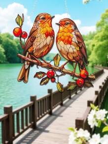 1 Stück 2D bedruckter, leuchtender Rotkehlchen Acryl Fensteranhänger - Dekoration für Garten/Außenbereich, farbenfroher Fensterschmuck (7,48 Zoll/19 cm) mit realistischem Vogel und roten Beeren, perfekt für Garten, Veranda, Wohnzimmer Dekoration, Einweihungsgeschenk und Geburtstagsgeschenk für Freunde und Familie