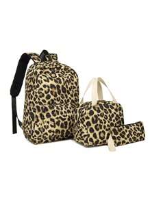 3pcs Personalized Embroidered Leopard Print Backpack Set, Customized Name Embroidery, Large Capacity Minimalist Student Backpack, Lunch Bag & Pencil Case, Lightweight Multi-Function School Bag, Suitable As Gift For Elementary, Middle, High School Students, Family, Friends, Christmas, Easter, New Year, Mother's Day, Women's Day, Valentine's Day, Teacher's Day, Nurse's Day, Birthday