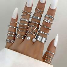 22pcs/Set Openable Multi-Joint Ring Set, Heart, Butterfly, Faux Pearl, Metal Cross Rings For Women, Unique Design