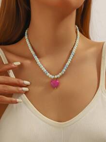 1pc Fashionable Minimalist Glass Bead Necklace With ABS Plastic Heart Charm, A Gift Or Everyday Wear