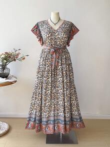 Rusttydustty 加大码复古印花长裙，系腰带短袖 V 领长裙，夏季度假长款花裙 - 彩色 - 查看 4
