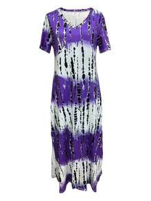 Rochie de damă Plus Size, casual, cu decolteu în V, mânecă scurtă, imprimare Tie-Dye, cu crăpături la tiv - Violet - Vizualizare 3