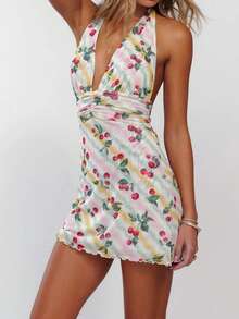 Womens Boho Floral Print Halter Neck Bodycon Dress Summer V Neck Sleeveless Backless Ruched Party Mini Dress Beach Vacation Sundress - Màu xanh lam - Xem 2