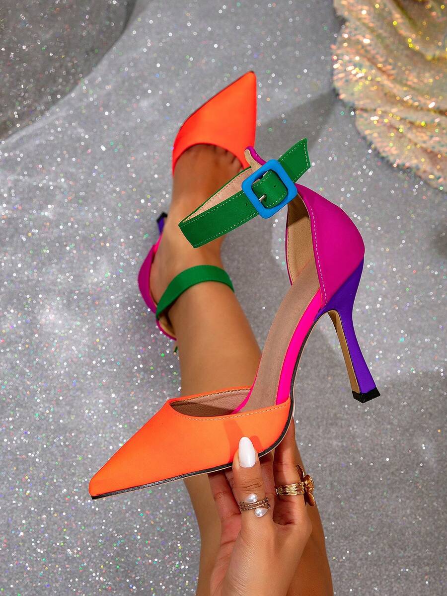 Talons hauts pour femmes, nouvelle mode, bout pointu, élégants, talons fins, polyvalents, chaussures de soirée, blocs de couleurs, bride ajourée, boucle, grande taille - Jaune citron - Voir 1