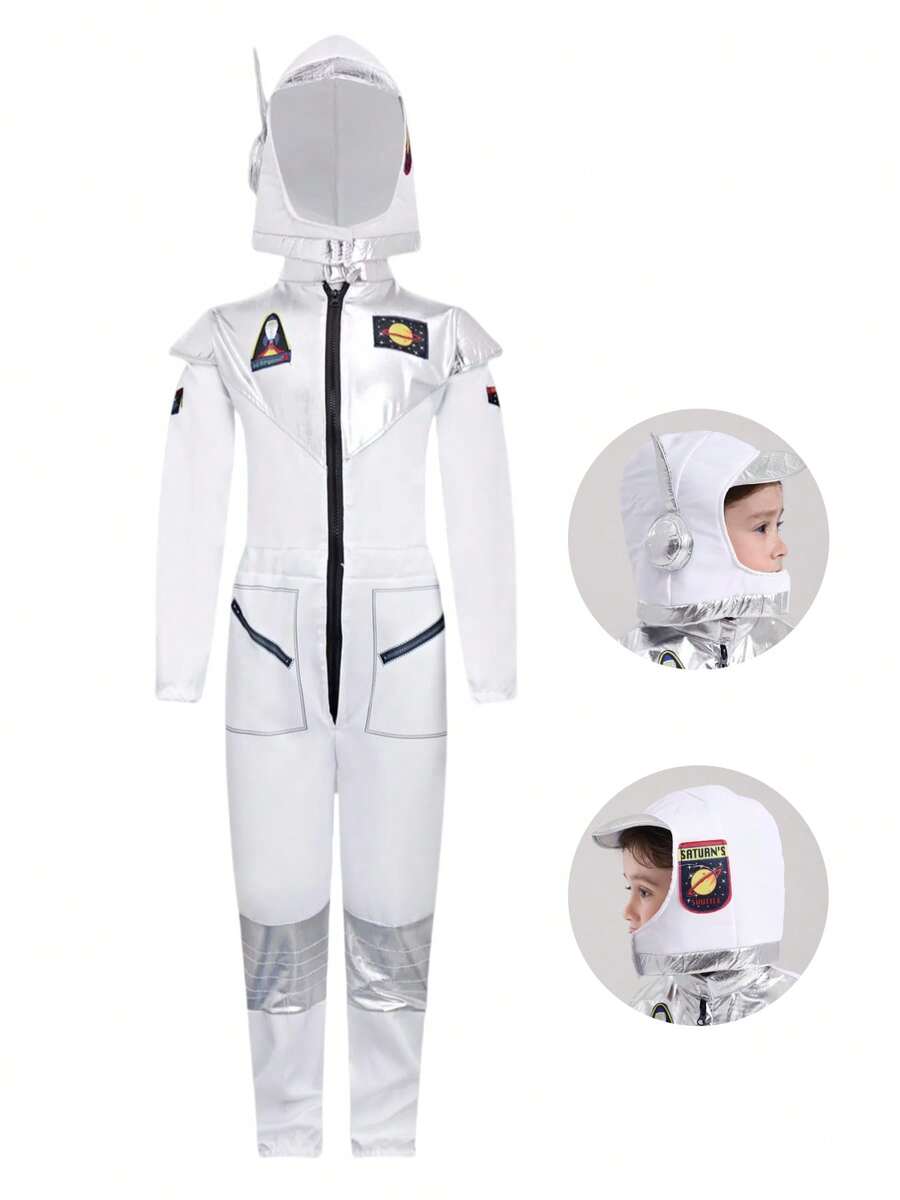 1 Set White Kids Astronaut Costume With Helmet-Style Fabric Hood, Sci-Fi Style, Height 110-140CM, Space Theme Party/Halloween/Stage Performance/School Play - White - View 1