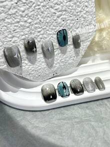 10 CÁI Móng Tay Giả Làm Thủ Công Siêu Ngầu Mắt Quỷ Trăm Con Mèo Mắt Bướm Nghệ Thuật Làm Móng Tay Y2K Không Khí Học Sinh Móng Tay Giả Ngắn Bấm Vào Móng Tay Đồ Dùng Làm Móng Tay (1 Tờ Miếng Dán Thạch + 1 Cái Dũa Móng Tay) - Xám - Xem 2