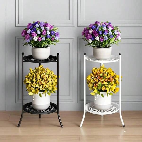 Estantería de 2 niveles para plantas de hierro negro y blanco - Estantería decorativa elegante para interiores/exteriores con diseño de 2 niveles para macetas, patio o jardín, estantería para plantas de interior | Patrón geométrico | Estantería metálica para plantas, estantería para plantas para exteriores
