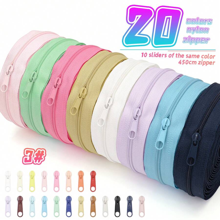 1 Set = 4.5 Meters Zipper + 10 Pcs Zipper Pulls, 3# Nylon Zippers In 20 Color Options, Zipper Pulls Match Zipper Color, Suitable For Garment, Bag And Home Textile Sewing Replacement
