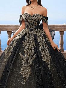 Vestidos de bola estilo Bridgerton con hombros descubiertos y malla negra para mujeres, vestido de novia de línea A de manga abullonada extra grande para la novia - Negro - Ver 3