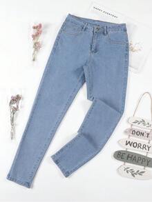 HIMARRI Jeans Ajustados Elásticos Azul Profundo para Mujer - Cintura Alta, Denim Cómodo con Cierre de Botón, Lavables a Máquina, Pantalones Cortos - Celeste - Ver 3