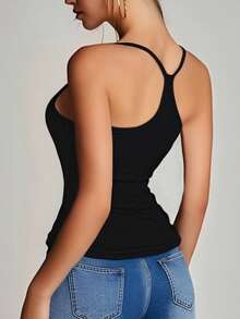 1pc Backless Casual Minimalist Sleeveless Loose Long Tank Top With Deep V Neckline - Black - View 8