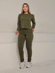 MAYSA Women's Set Sweatshirt 2 Pieces Pants And Long Sleeve Crop Top WINTER - xanh quân đội - Xem 3