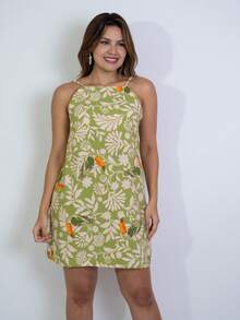 Short Printed Dress With Back Zipper - Army Green - View 1